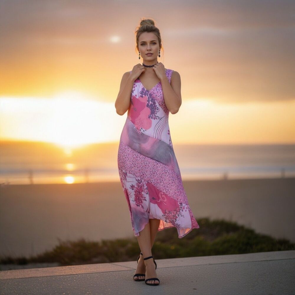 Piano Vintage Silk Y2K Asymmetrical Dress Womens M Pink Multiprint Fairy Flawed